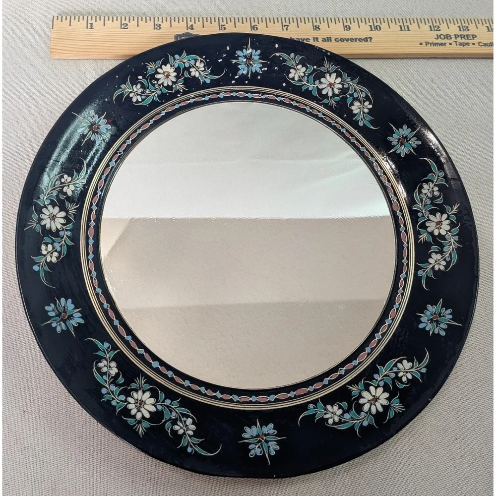 Hand Painted Enamel Floral Copper Wall Mirror 12in Navy Blue Good Boho